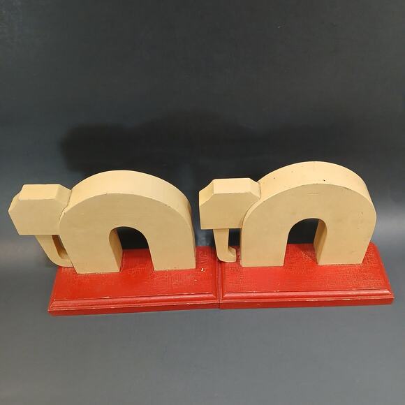 2 Hand Made Wooden Book Ends, Pair of Vtg Elephant Shaped Wood Shelf Sitters - Picture 2 of 7